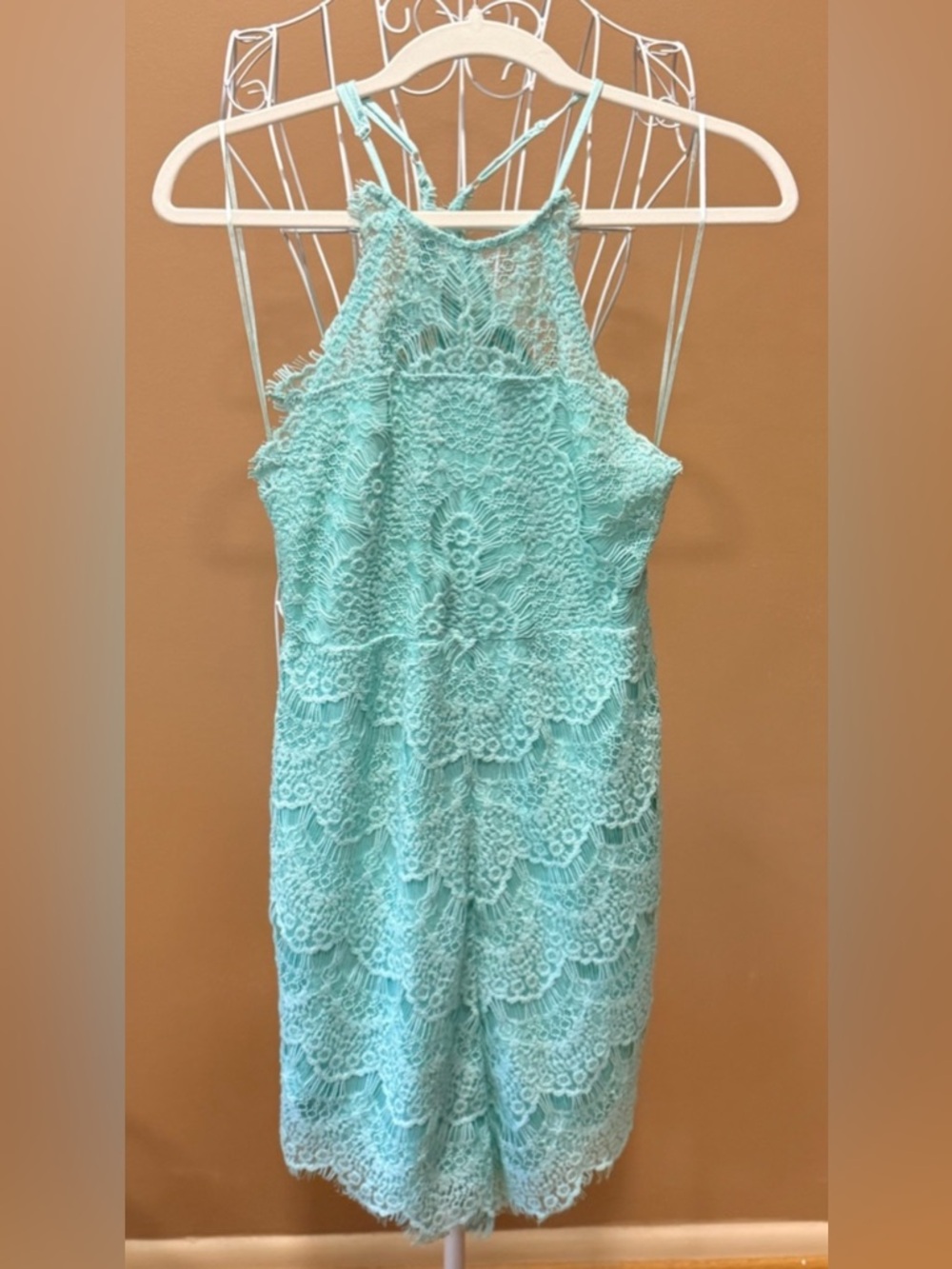 Free People She's Got It Lace Mini Dress Mint Aqua Halter Button Back XS